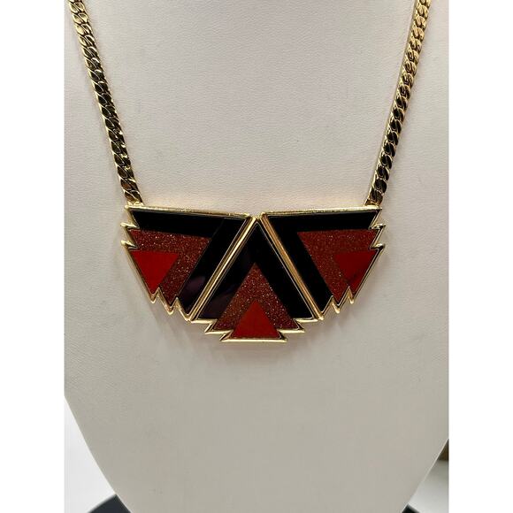 Ben-Amun Designer Red Brown Geometric Gold Tone Pendant Collar Necklace - Picture 3 of 10